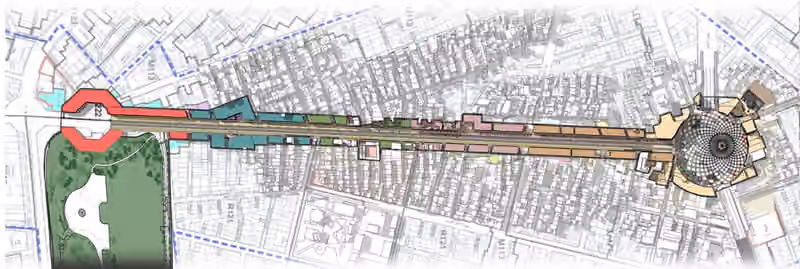 Plan of a long pedestrian route through a dense district, colored by zone, ending in a circular square.