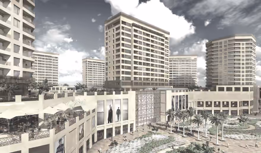 Render of a commercial podium with shop fronts and a palm-lined plaza below residential towers.